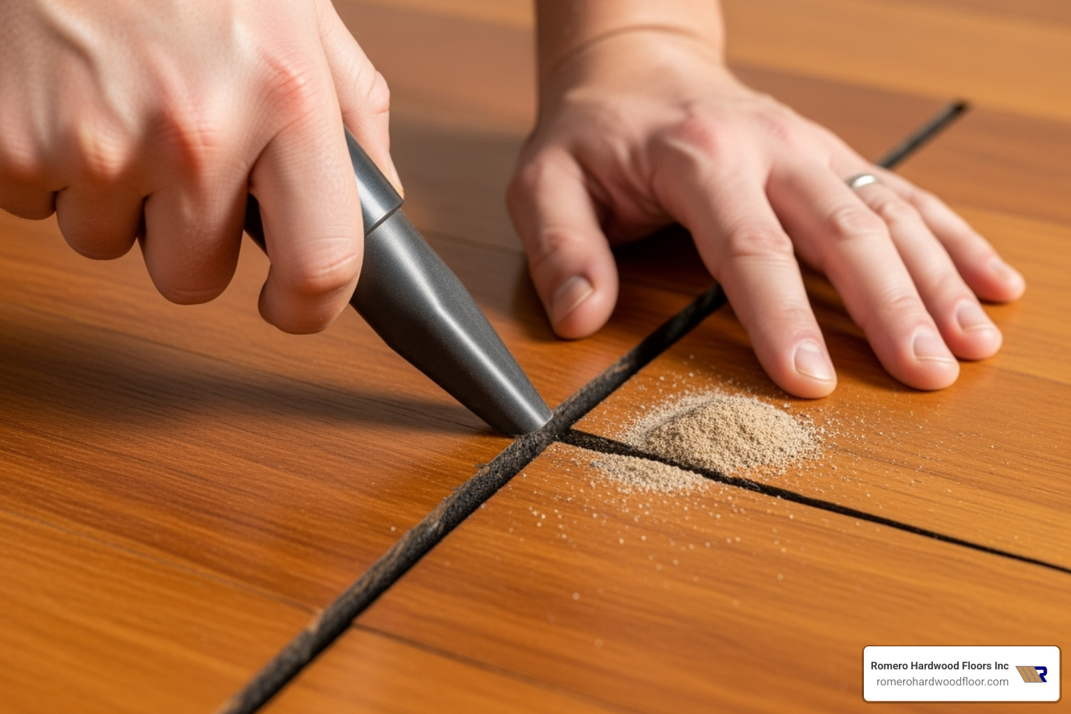 A person vacuuming a crack in a hardwood floor before filling - Hardwood Floor Filler A person vacuuming a crack in a hardwood floor before filling - Hardwood Floor Filler