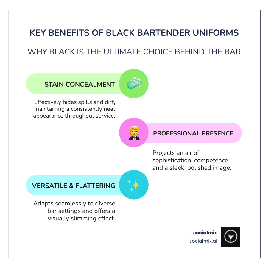 Infographic detailing the 4 key benefits of black bartender uniforms: Stain Concealment, Professionalism, Versatility, and Slimming Effect. - black bartender uniform infographic infographic-line-3-steps-colors