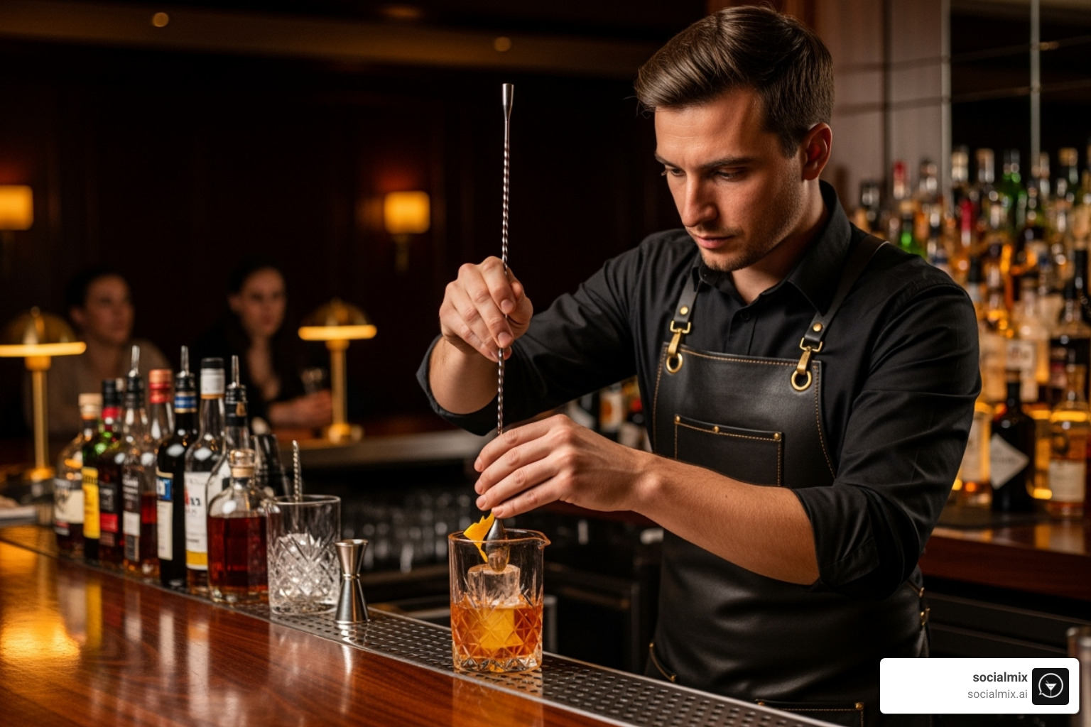 A bartender carefully stirring a cocktail with a bar spoon, wearing a well-fitted black shirt and a stylish black leather apron. - black bartender uniform