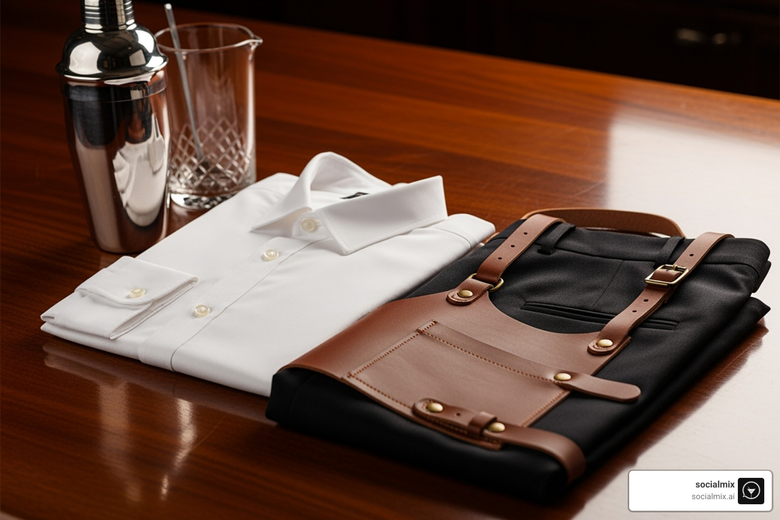 A neatly folded bartender shirt, trousers, and a leather apron next to a Boston shaker, ready for a shift. - bartender uniform male A neatly folded bartender shirt, trousers, and a leather apron next to a Boston shaker, ready for a shift. - bartender uniform male