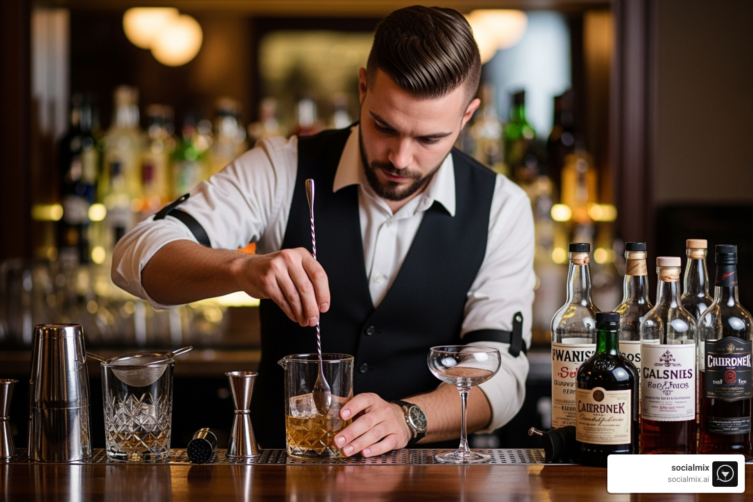 A bartender with sleeve garters, meticulously preparing a cocktail, showcasing a blend of classic accessory and modern bartending. - bartender uniform male A bartender with sleeve garters, meticulously preparing a cocktail, showcasing a blend of classic accessory and modern bartending. - bartender uniform male