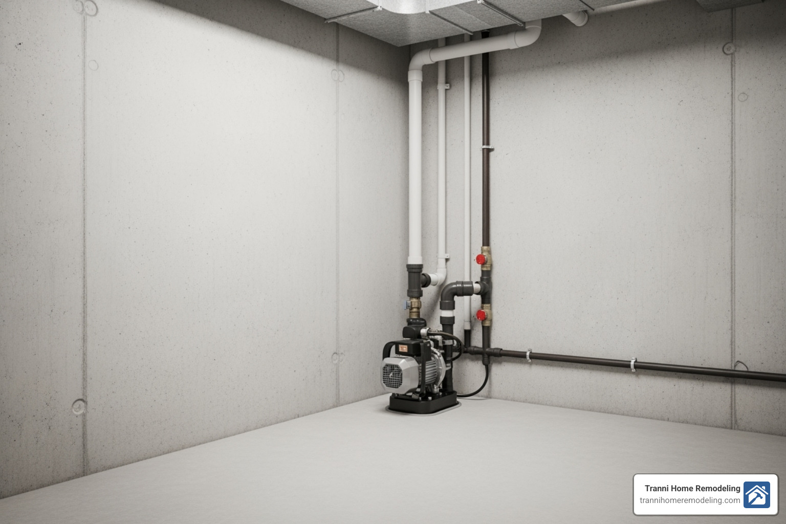 sump pump in a clean, dry basement corner - basement renovation on a budget sump pump in a clean, dry basement corner - basement renovation on a budget