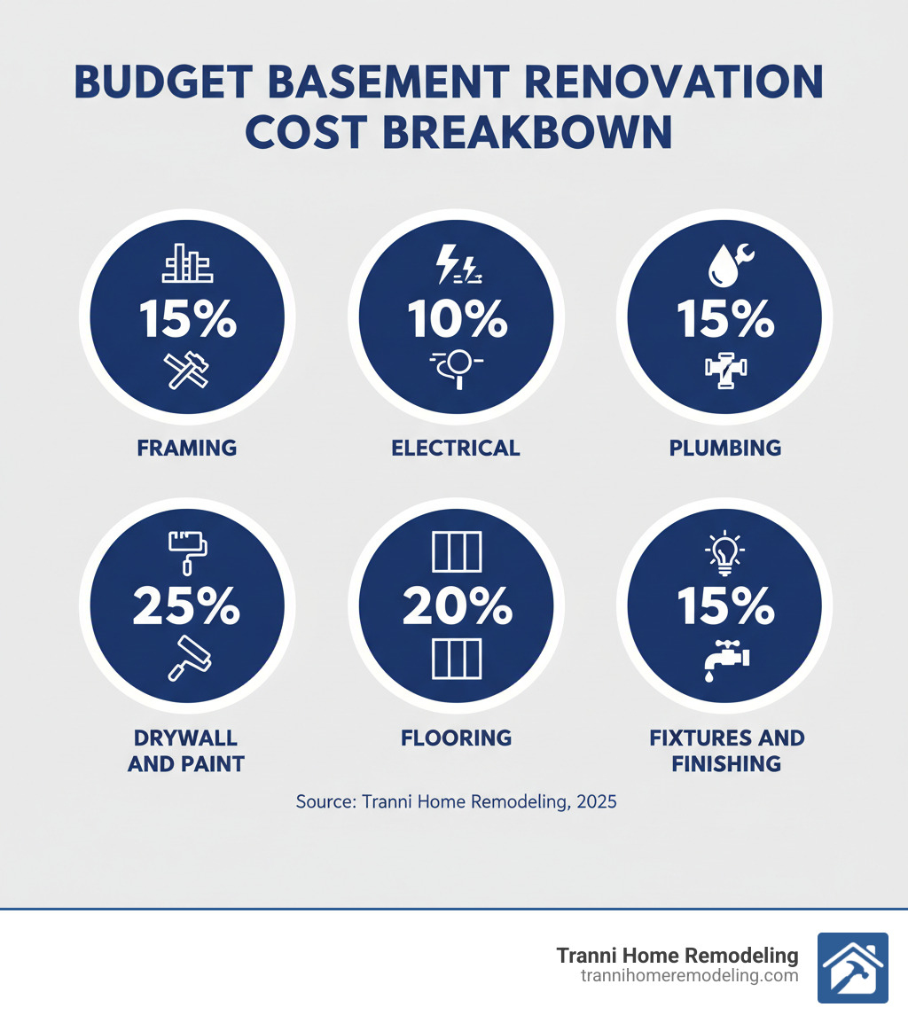 Budget Basement Renovation Cost Breakdown infographic showing: Framing 15%, Electrical 10%, Plumbing 15%, Drywall and Paint 25%, Flooring 20%, Fixtures and Finishing 15% - basement renovation on a budget infographic Budget Basement Renovation Cost Breakdown infographic showing: Framing 15%, Electrical 10%, Plumbing 15%, Drywall and Paint 25%, Flooring 20%, Fixtures and Finishing 15% - basement renovation on a budget infographic