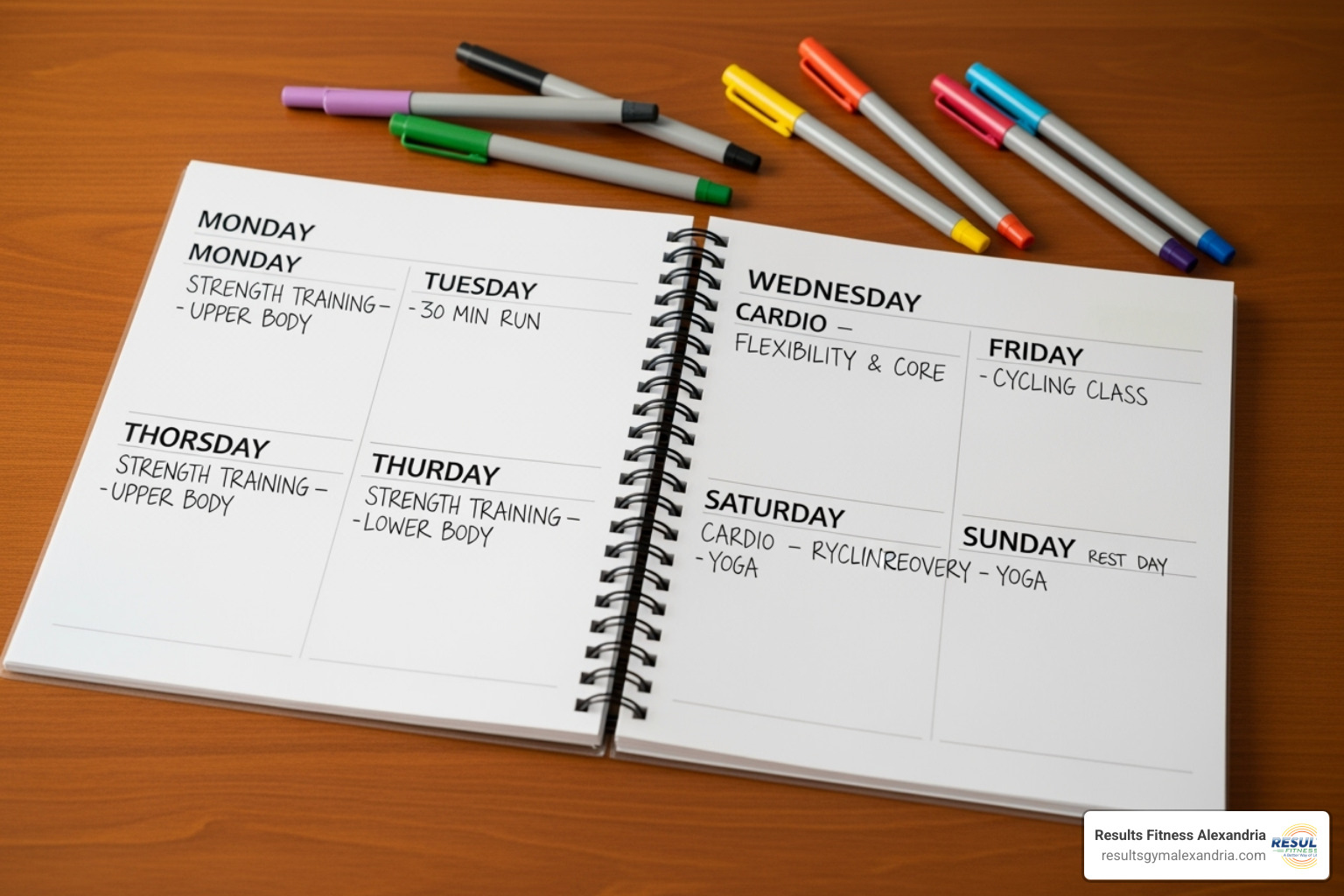 weekly planner with different exercises scheduled - best training for cardiovascular endurance