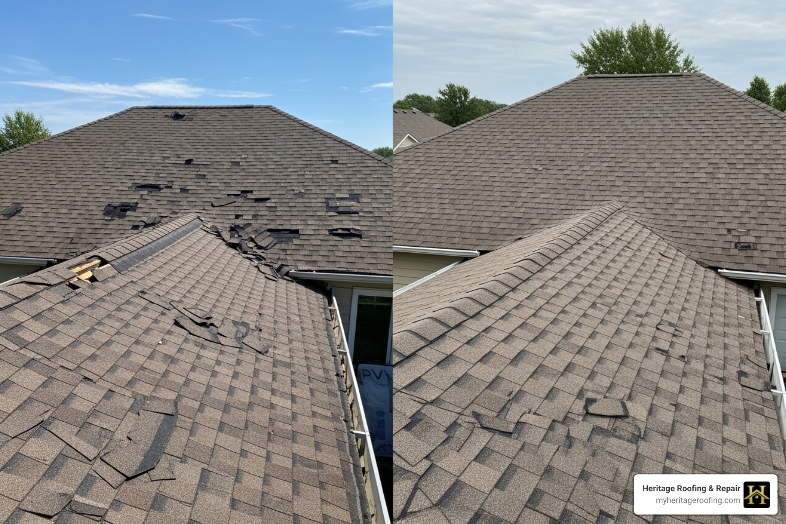 Side-by-side comparison of a roof with widespread damage (curled, missing shingles, sagging) requiring replacement versus a roof with a few isolated damaged shingles suitable for repair - roof replacement cost Side-by-side comparison of a roof with widespread damage (curled, missing shingles, sagging) requiring replacement versus a roof with a few isolated damaged shingles suitable for repair - roof replacement cost