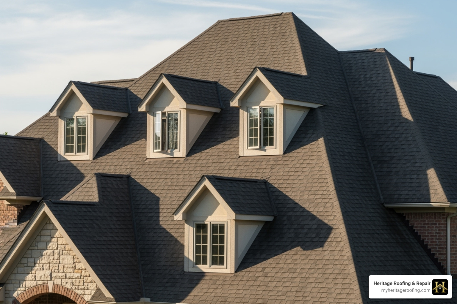 A complex roof with multiple dormers, valleys, and a steep pitch, illustrating how architectural features increase roofing costs - roof replacement cost A complex roof with multiple dormers, valleys, and a steep pitch, illustrating how architectural features increase roofing costs - roof replacement cost