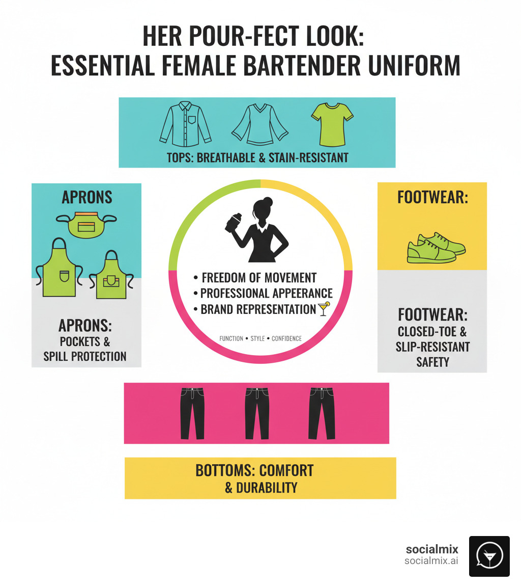 Infographic showing the essential components of a female bartender uniform: Top section displays various shirt styles (button-downs, blouses, t-shirts) labeled as breathable and stain-resistant; Middle section shows bottom options (chinos, trousers, dark jeans) marked for comfort and durability; Left panel illustrates apron styles (bib, waist, cross-back) with emphasis on pockets and spill protection; Right panel depicts proper footwear (closed-toe, slip-resistant) highlighting safety features; Center notes key considerations including freedom of movement, professional appearance, and brand representation - female bartender uniform infographic 