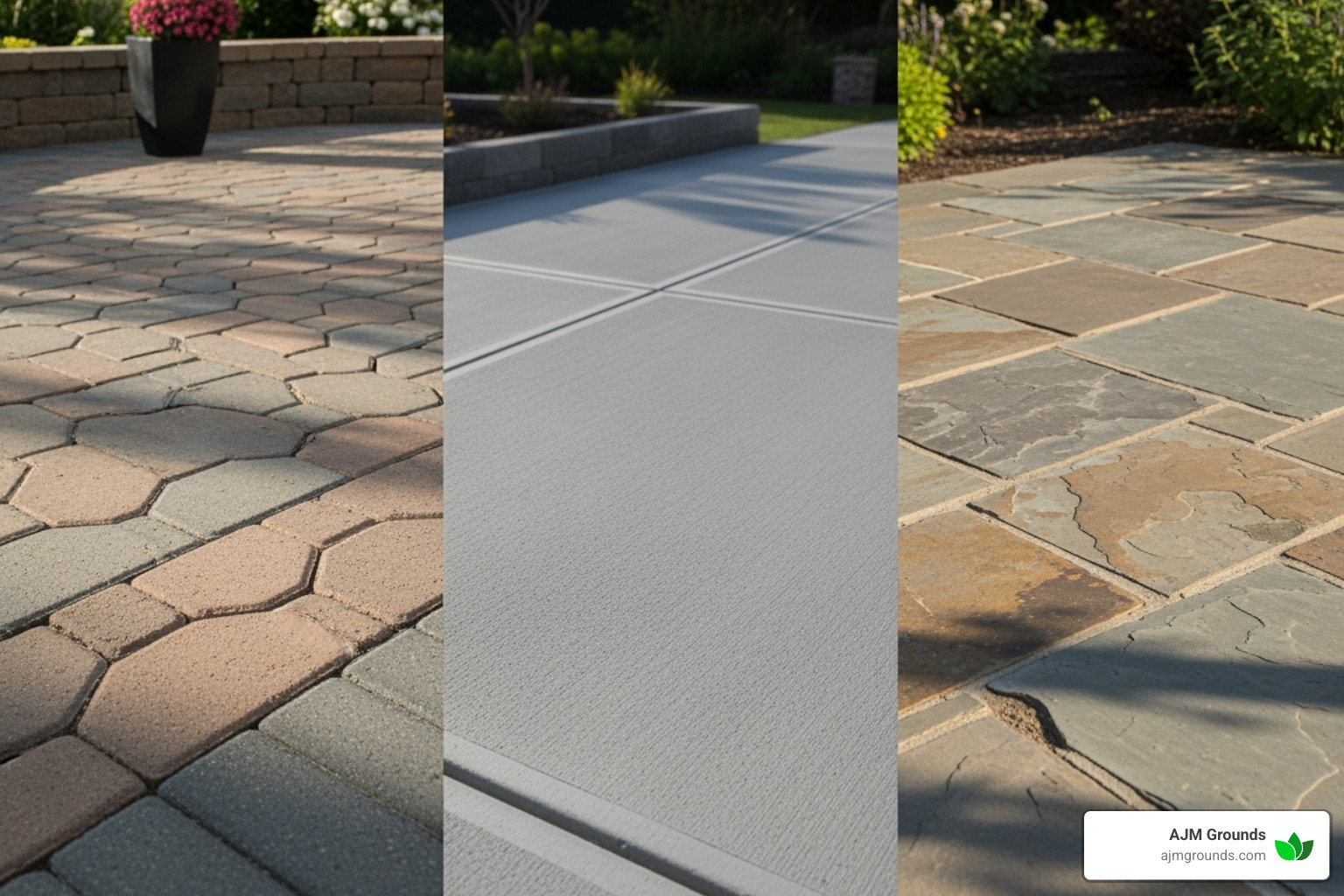 side-by-side comparison of different patio materials like pavers, concrete, and natural stone - patio construction companies