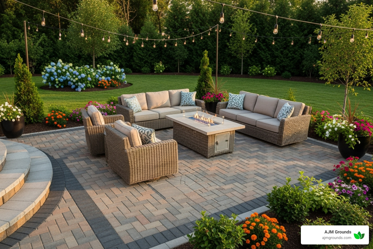 completed, durable paver patio with proper edging and furniture - patio construction companies