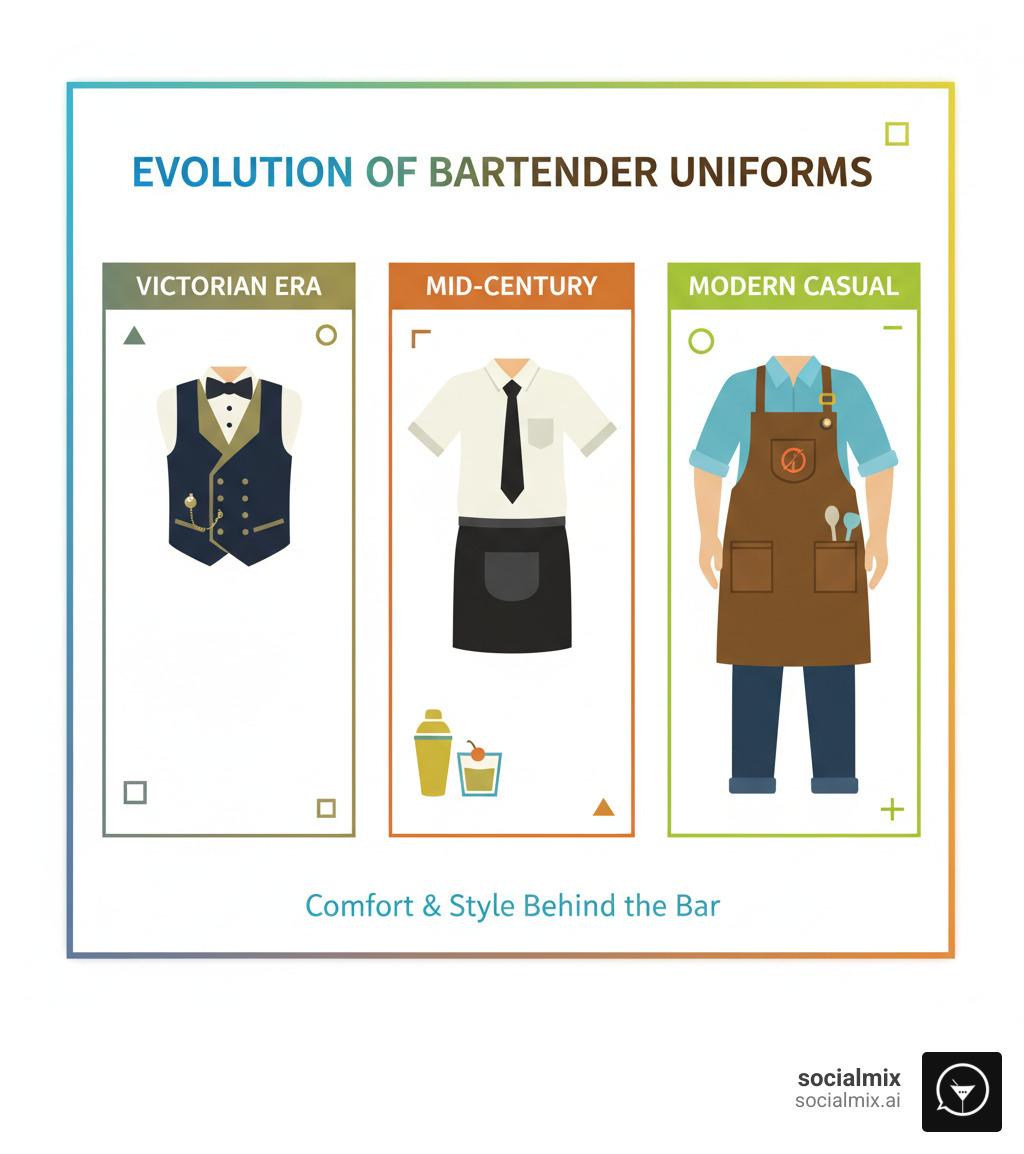 infographic showing the evolution of bartender uniforms from formal Victorian-era vests and bow ties through mid-century server attire to modern casual styles featuring chambray shirts, dark jeans, and canvas aprons with brand logos - casual bartender uniform infographic infographic showing the evolution of bartender uniforms from formal Victorian-era vests and bow ties through mid-century server attire to modern casual styles featuring chambray shirts, dark jeans, and canvas aprons with brand logos - casual bartender uniform infographic