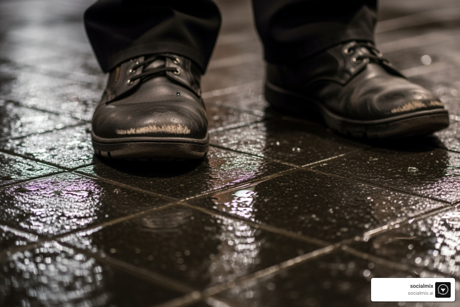 bartender's non-slip, comfortable black shoes on a bar floor - casual bartender uniform bartender's non-slip, comfortable black shoes on a bar floor - casual bartender uniform
