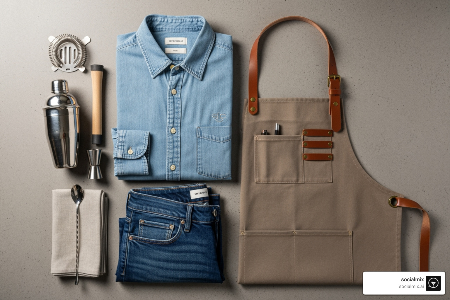 flat lay of a casual bartender uniform, including a chambray shirt, dark jeans, and a canvas apron with leather straps - casual bartender uniform flat lay of a casual bartender uniform, including a chambray shirt, dark jeans, and a canvas apron with leather straps - casual bartender uniform