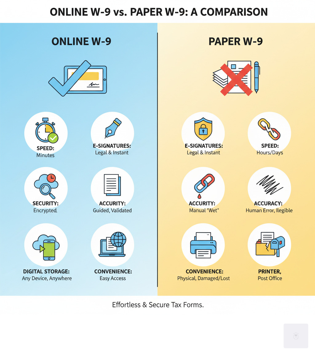 Comparison of Online vs. Paper W-9 - complete W9 online infographic Comparison of Online vs. Paper W-9 - complete W9 online infographic