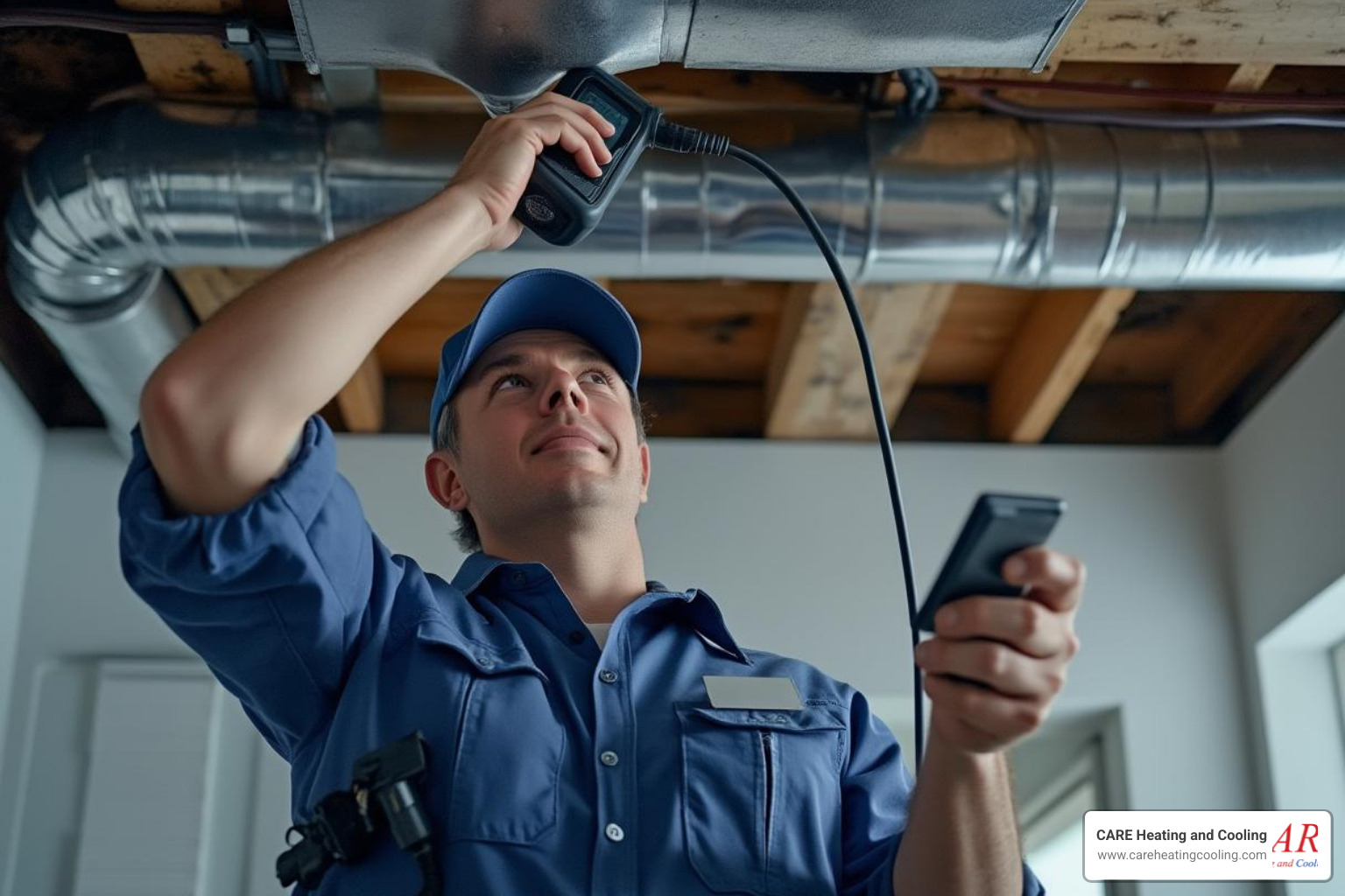 uniformed technician using a diagnostic tool to inspect a home's ductwork - air duct sealing westerville uniformed technician using a diagnostic tool to inspect a home's ductwork - air duct sealing westerville