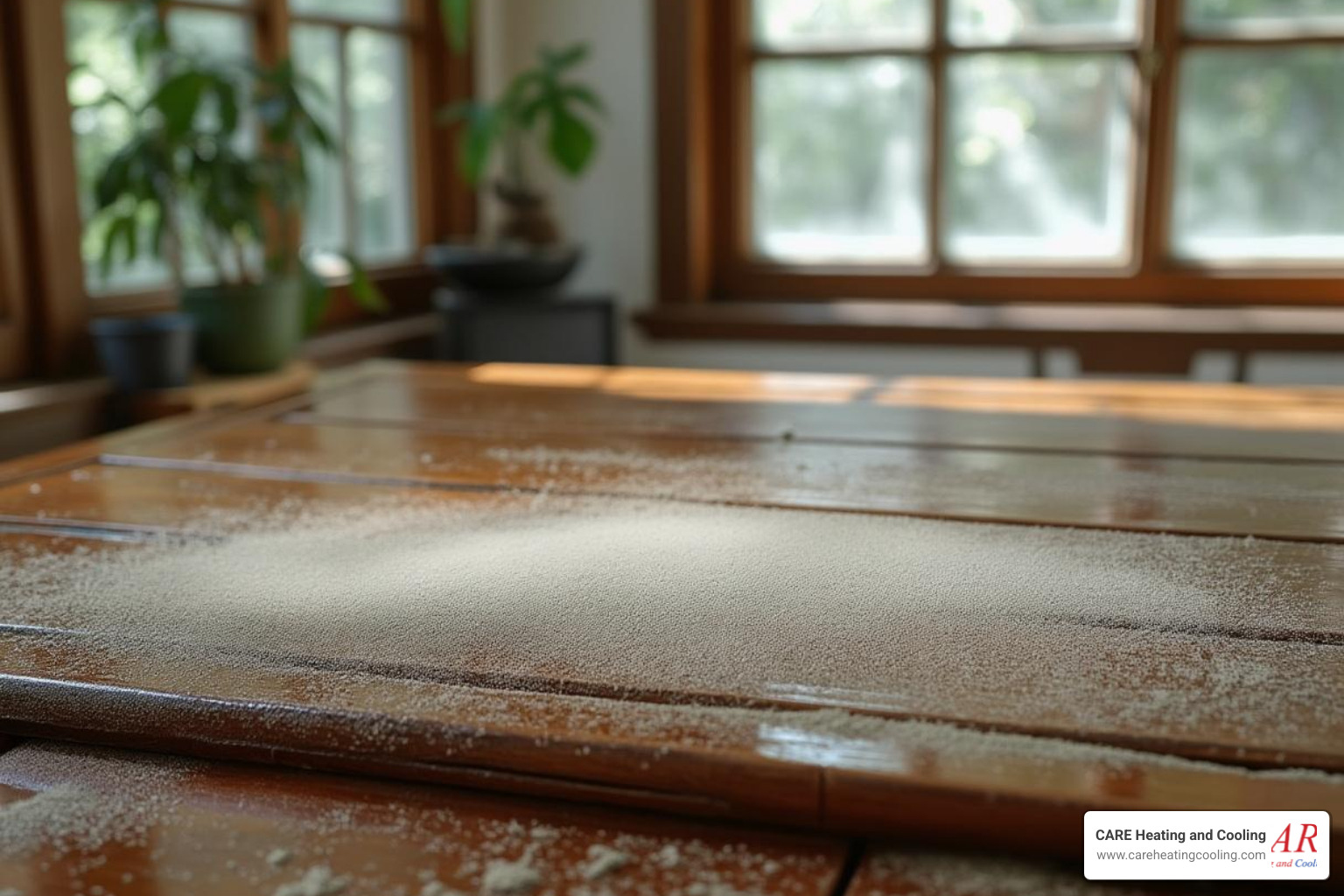 thick layer of dust on a coffee table, with a window in the background - air duct sealing westerville thick layer of dust on a coffee table, with a window in the background - air duct sealing westerville