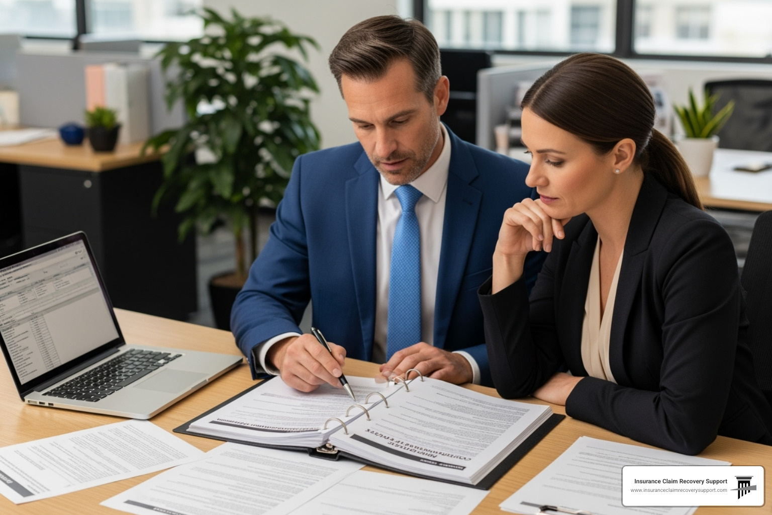 Public adjuster reviewing a complex insurance policy with a property manager - Will Your Insurance Company Drop You or Increase Your Premium After You File a Property Damage Claim?