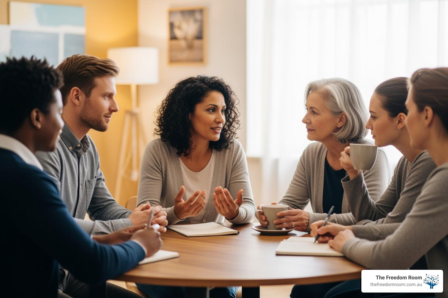 Experienced female counselor leads a small group through an intense addiction counseling discussion - affordable drug rehab
