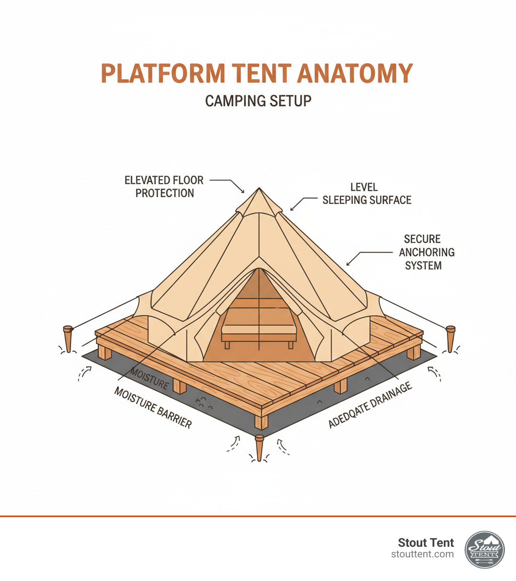 Infographic showing the anatomy of a platform tent camping setup: a sturdy wooden platform base supporting a canvas bell tent, with labels pointing to key features including level sleeping surface, elevated floor protection, secure anchoring system, moisture barrier underneath, and adequate drainage around the perimeter - platform tent camping infographic 
