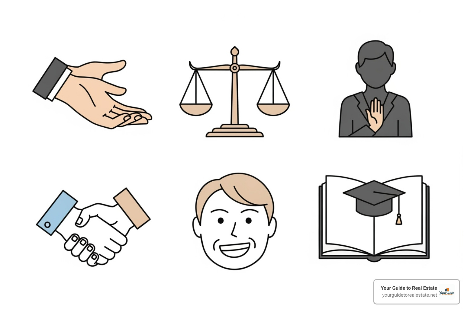 Icons representing the six core values of social work: a hand reaching out, a balance scale, a person being respected, two hands clasped, an honest face, and a book with a graduation cap. - code of ethics social work