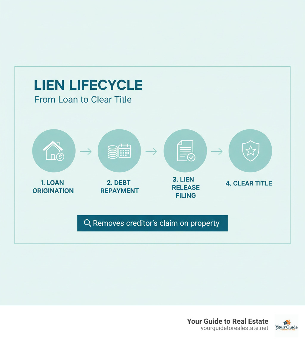 infographic showing the lien lifecycle from loan origination through debt repayment to lien release filing and clear title - what is a lien release infographic 