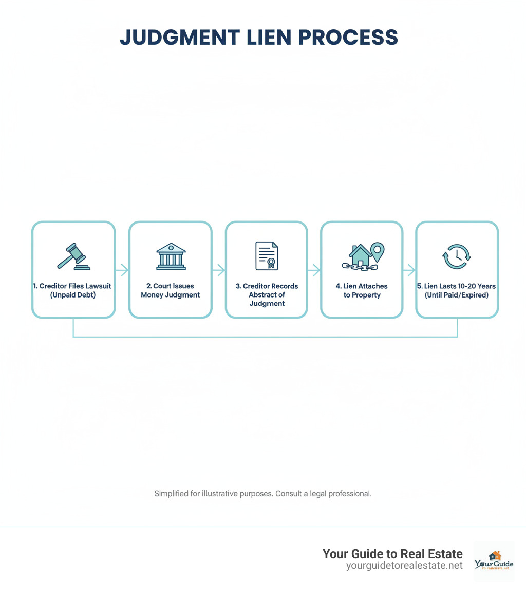 Infographic showing the judgment lien process: 1. Creditor files lawsuit for unpaid debt, 2. Court rules in favor of creditor and issues money judgment, 3. Creditor files Abstract of Judgment with county recorder, 4. Judgment lien automatically attaches to debtor's real property in that county, 5. Lien remains on property for 10-20 years until debt is paid or lien expires - what is a judgement lien infographic 
