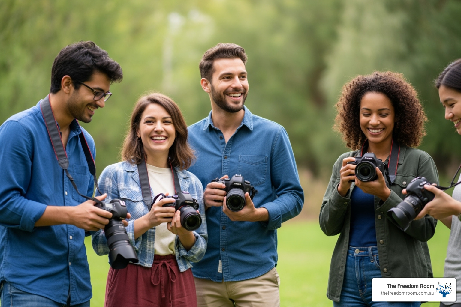 Diverse group of friends learning photography together, promoting healthy hobbies for recovery and meaningful connection - socialising without alcohol