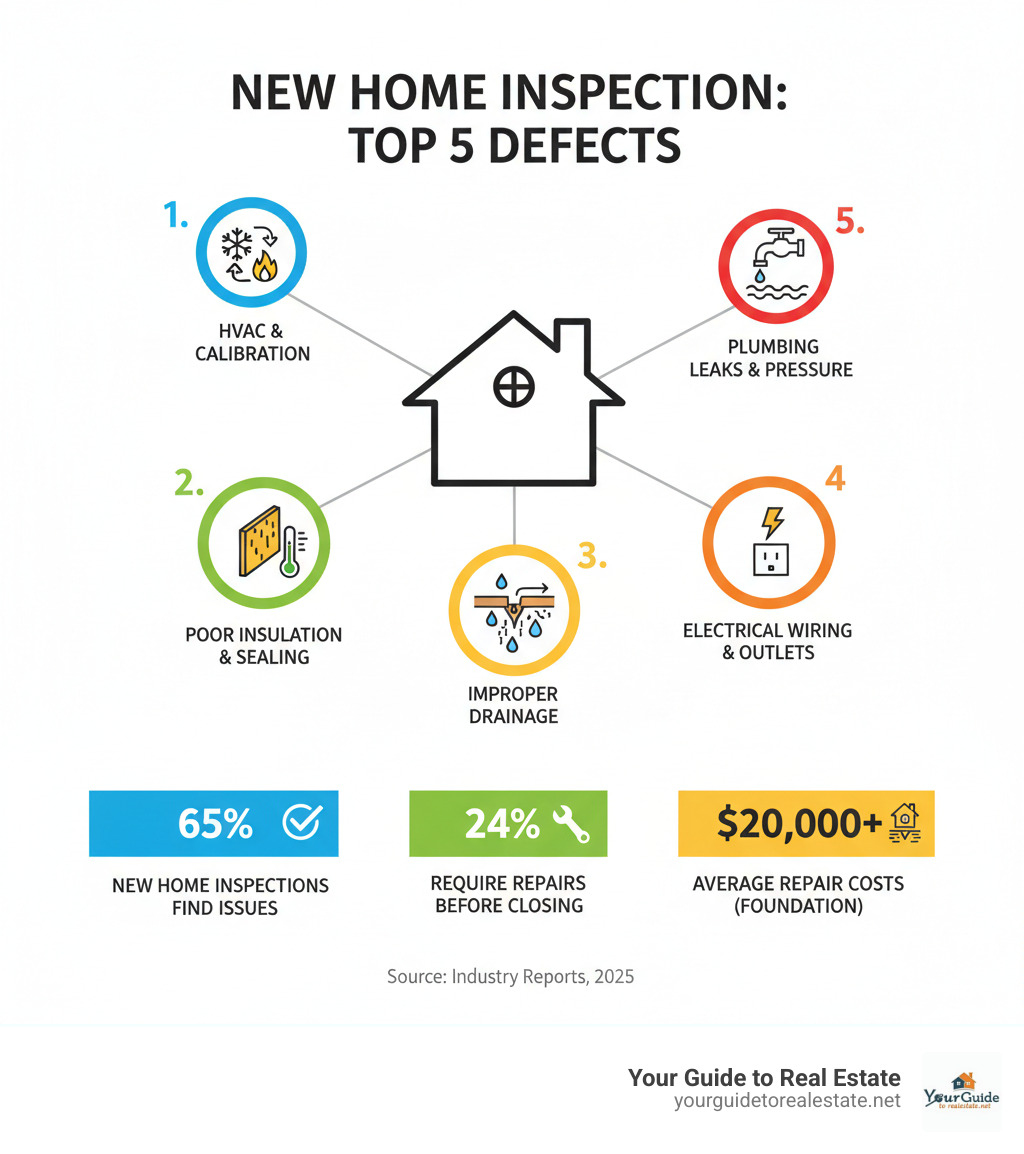 infographic showing the top 5 most common defects found in new construction homes: 1) HVAC system issues and improper calibration, 2) Poor insulation and air sealing, 3) Improper drainage and grading around foundation, 4) Electrical wiring mistakes and outlet issues, 5) Plumbing leaks and water pressure problems. Includes statistics: 65% of new home inspections find issues, 24% require repairs before closing, average repair costs can exceed $20,000 for foundation issues alone. - new home inspection infographic 
