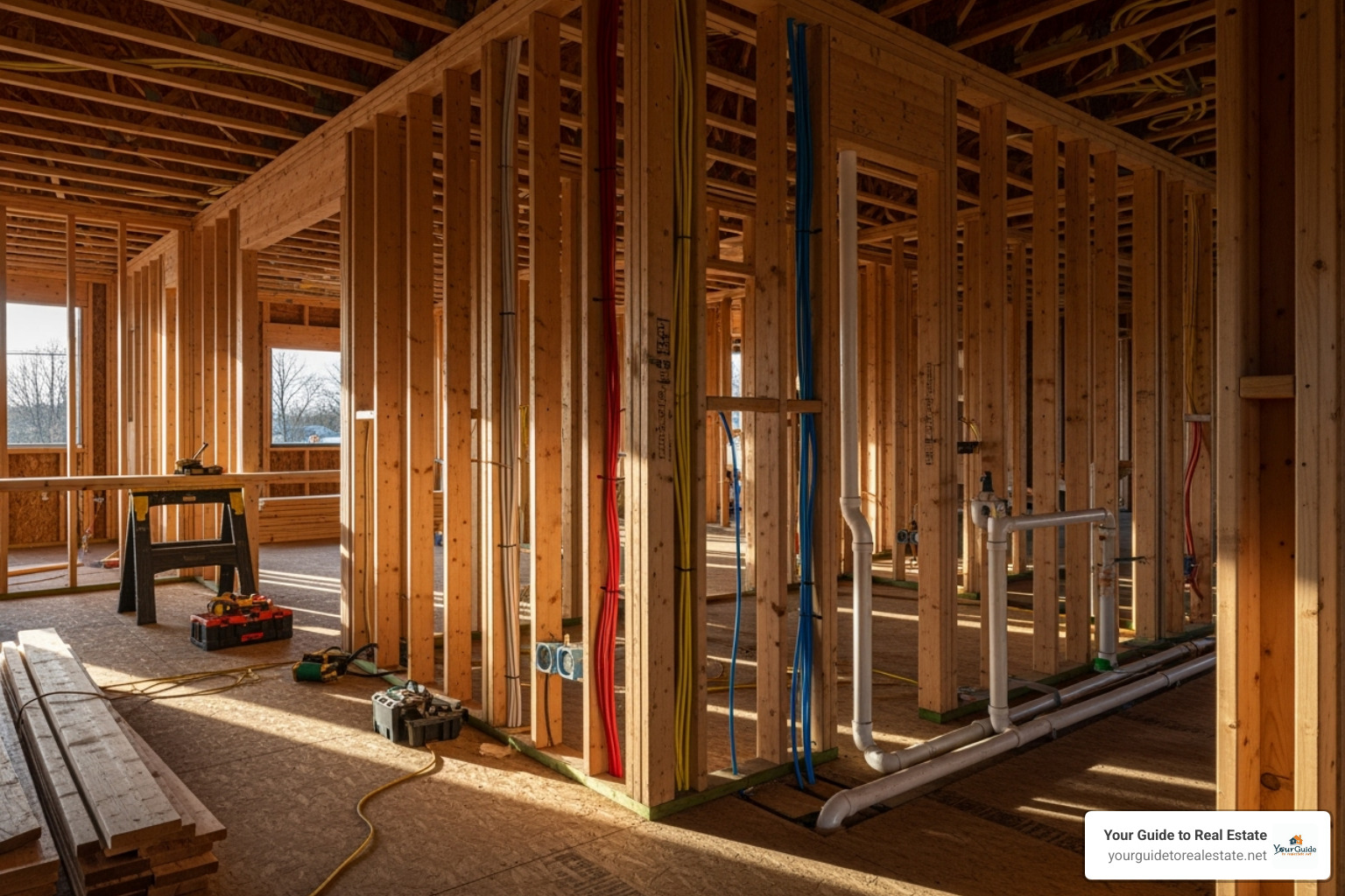 open-walled house showing framing, wiring, and plumbing - new home inspection