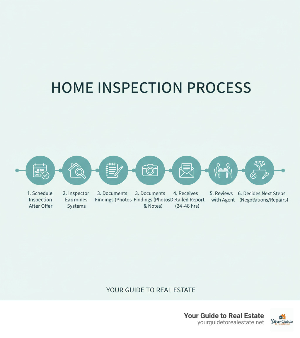 Infographic showing the home inspection process: 1. Schedule inspection after offer is accepted, 2. Inspector examines all major systems and components, 3. Inspector documents findings with photos and notes, 4. Buyer receives detailed written report within 24-48 hours, 5. Buyer reviews report with real estate agent, 6. Buyer decides on next steps for negotiations or repairs - home inspection report infographic 