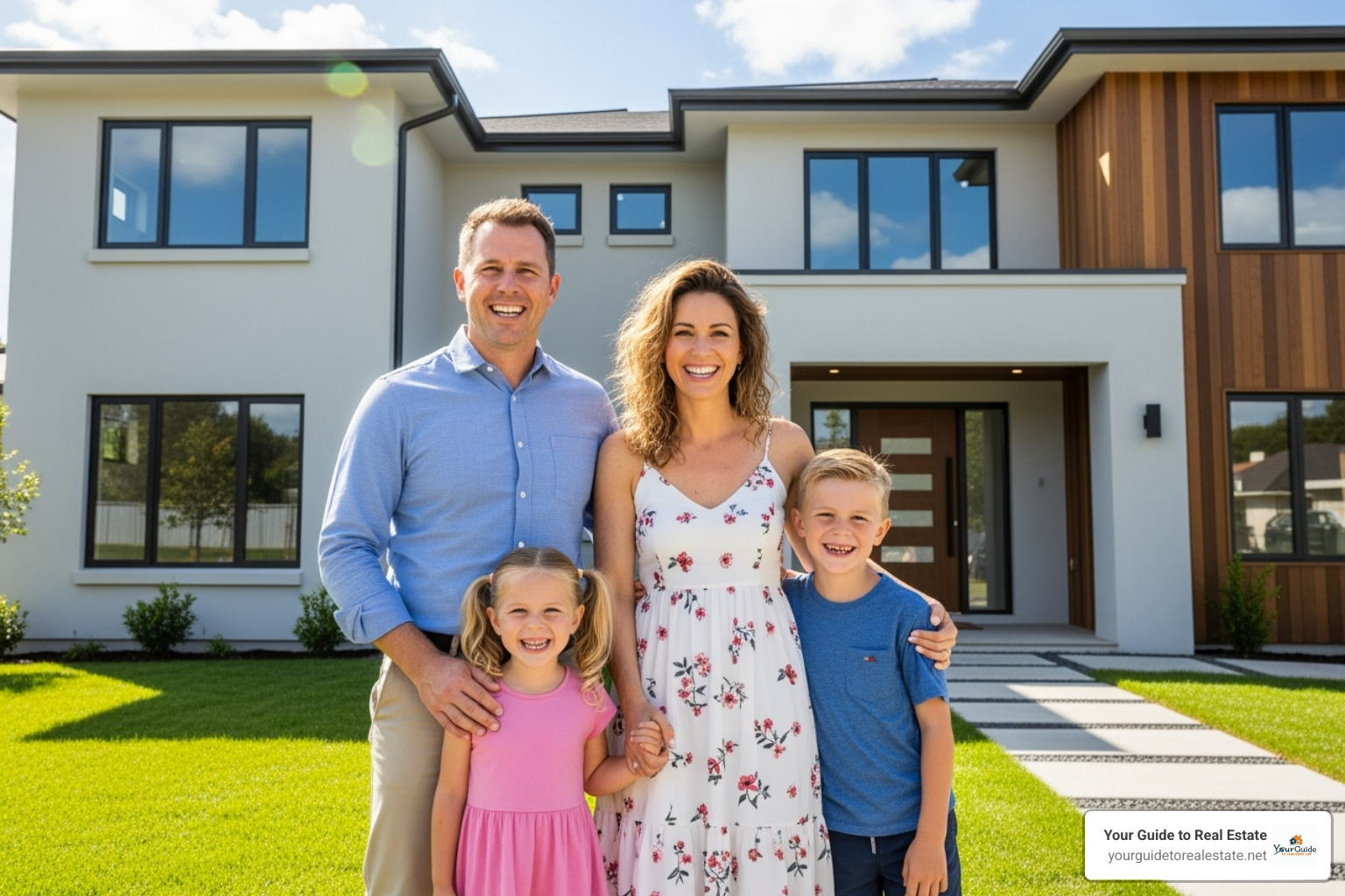 happy family in front of new, inspected home - new home inspection