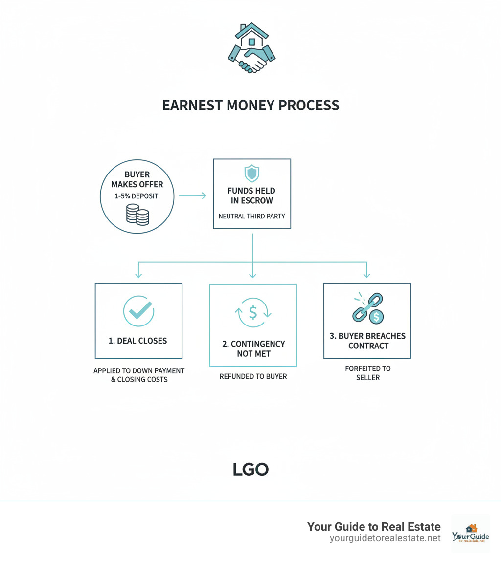 Infographic showing the earnest money process: Buyer makes offer with earnest money deposit (1-5% of purchase price) → Funds held in escrow by neutral third party → Three possible outcomes: 1) Deal closes successfully - earnest money applied to down payment and closing costs, 2) Valid contingency not met - earnest money refunded to buyer, 3) Buyer breaches contract - earnest money forfeited to seller - do you get earnest money back infographic 