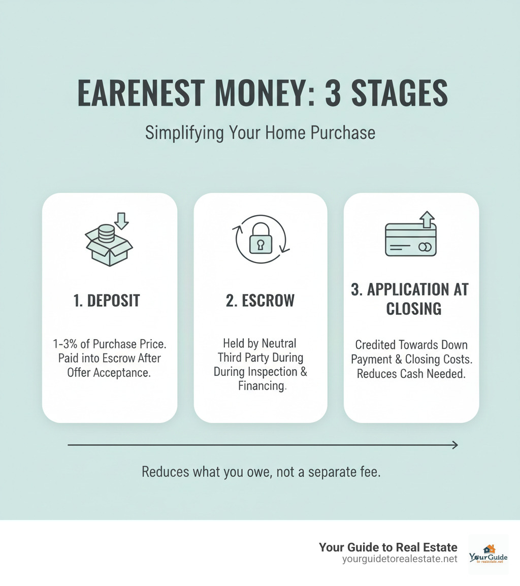 Infographic showing three stages of earnest money: Stage 1 - Deposit (1-3% of purchase price paid into escrow after offer acceptance), Stage 2 - Escrow (held by neutral third party during inspection and financing period), Stage 3 - Application at Closing (credited towards down payment and closing costs, reducing cash needed to close) - does earnest money go towards closing costs infographic 