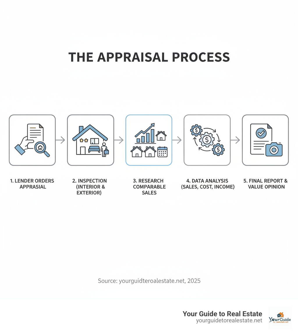 Infographic showing the appraisal process: 1) Lender orders appraisal from licensed appraiser, 2) Appraiser inspects property interior and exterior, 3) Appraiser researches comparable sales and market data, 4) Appraiser analyzes data using sales comparison, cost, and income approaches, 5) Appraiser prepares detailed report with photos and final value opinion - appraisal report infographic 