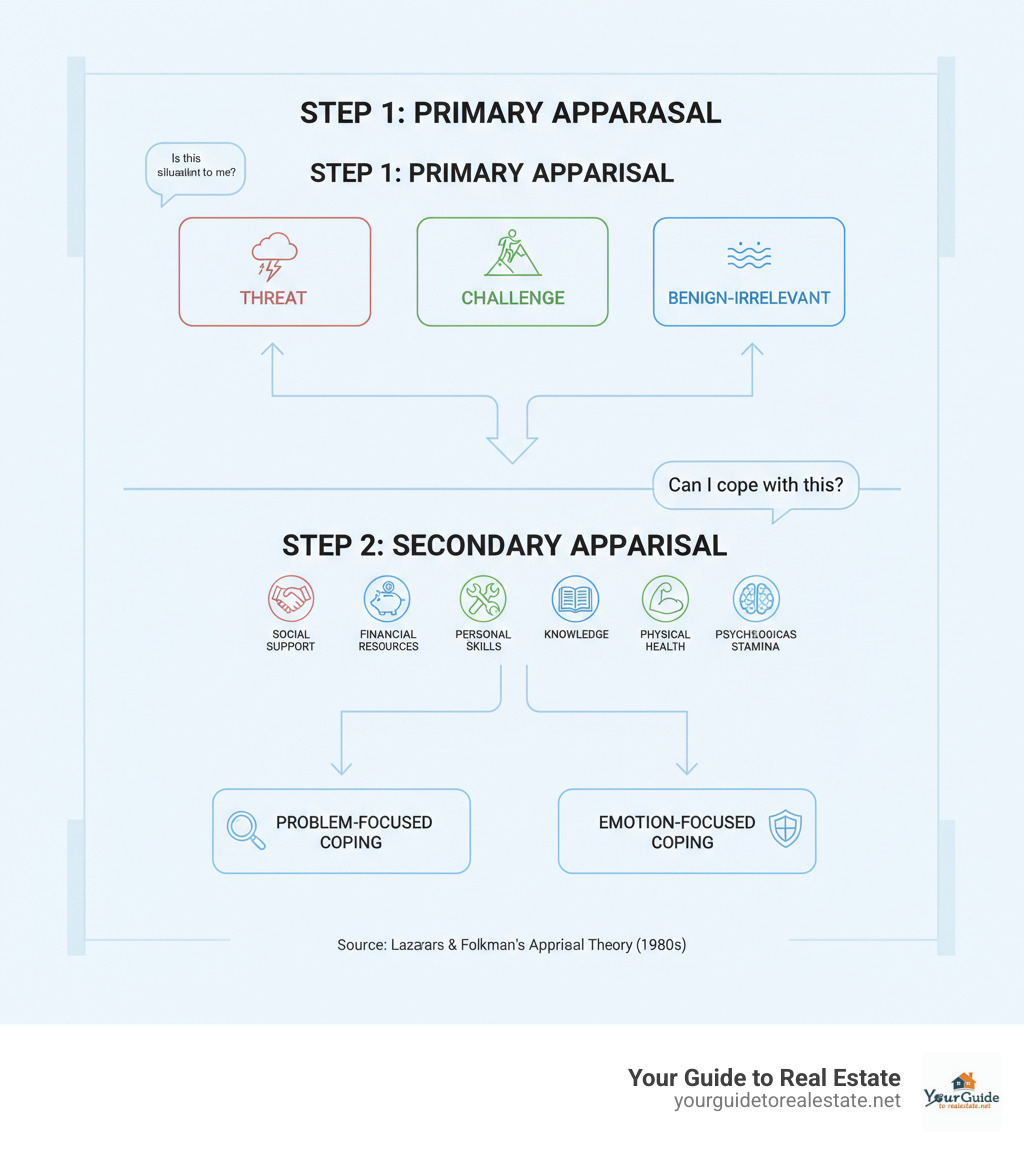 Infographic showing the two-step cognitive appraisal process: Step 1 - Primary Appraisal asks "Is this situation relevant to me?" with three possible outcomes (Threat, Challenge, or Benign-Irrelevant). Step 2 - Secondary Appraisal asks "Can I cope with this?" and evaluates available resources including social support, financial resources, personal skills, knowledge, physical health, and psychological stamina, leading to either Problem-Focused Coping or Emotion-Focused Coping strategies - secondary appraisal psychology definition infographic 