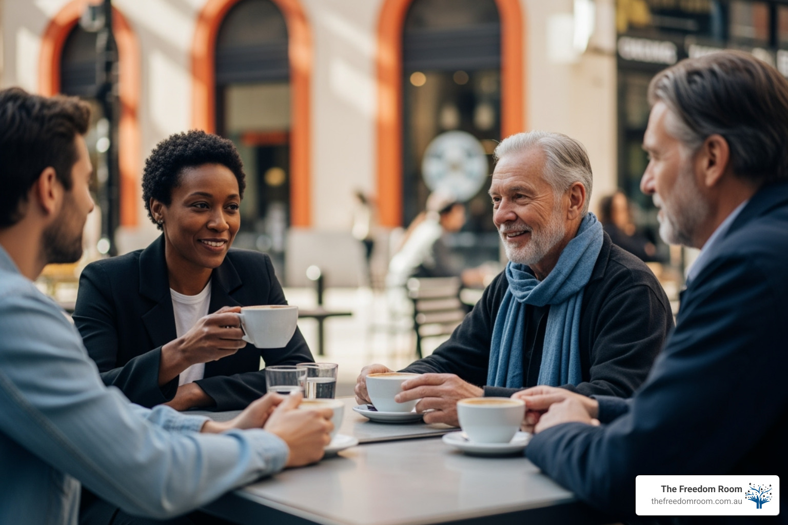 group of people enjoying coffee and conversation at an outdoor cafe in Melbourne - A 12-Week Journey to Sobriety