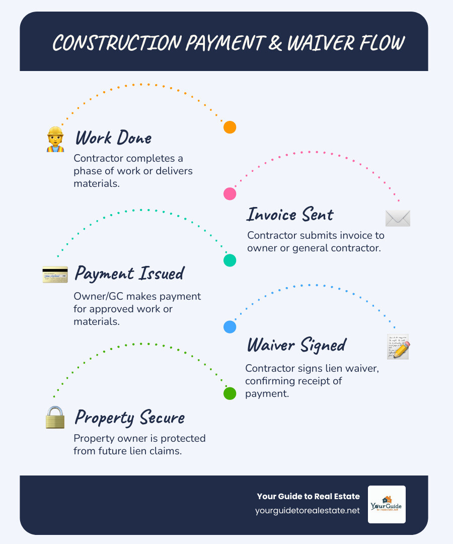 Infographic showing the construction payment flow: Work Completed → Invoice Submitted → Payment Made → Lien Waiver Signed → Property Protected. The diagram illustrates how contractors, subcontractors, and suppliers exchange lien waivers for payment at each stage, with property owner receiving protection from future liens. - what is a lien waiver infographic infographic-line-5-steps-blues-accent_colors