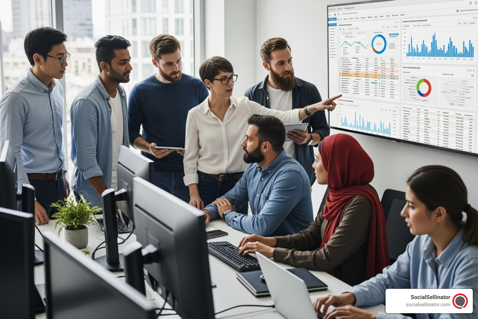 A diverse team of marketing experts, including native speakers, analyzing a multilingual PPC campaign dashboard. - multilingual ppc consultancy A diverse team of marketing experts, including native speakers, analyzing a multilingual PPC campaign dashboard. - multilingual ppc consultancy