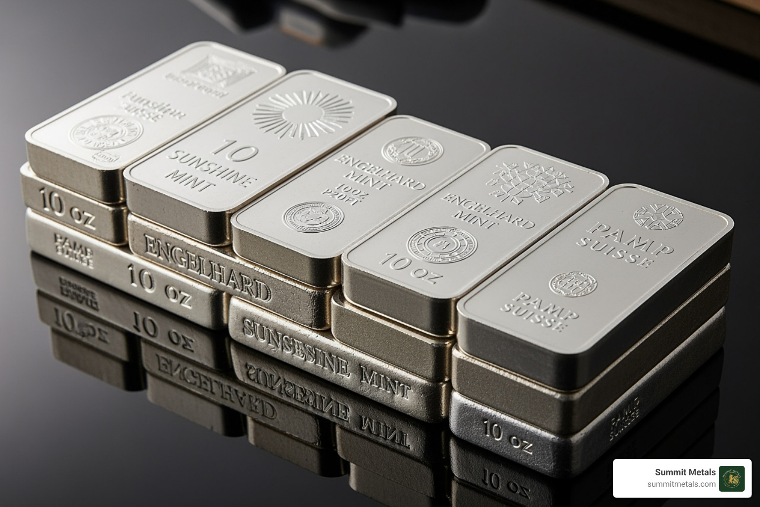 various 10 oz silver bars from different mints stacked neatly - 10 oz silver bar