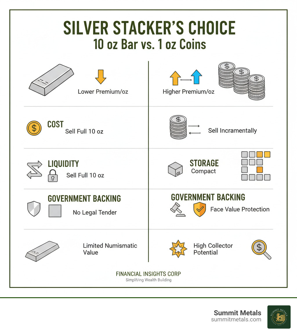 Infographic comparing 10 oz silver bars and 1 oz silver coins across five key dimensions: Cost shows bars with lower premiums per ounce versus coins with higher premiums; Liquidity shows bars requiring sale of full 10 oz versus coins allowing incremental sales; Storage shows compact single bar versus ten separate pieces requiring more space; Government Backing shows bars with no legal tender status versus coins with face value protection; Collectibility shows bars with limited numismatic value except rare mints versus coins with high potential for collector premiums - 10 oz silver bar infographic 
