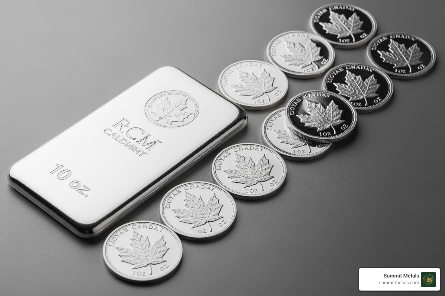 Comparison of Royal Canadian Mint's 10 oz silver bar and ten 1 oz silver coins - 10 oz silver bar