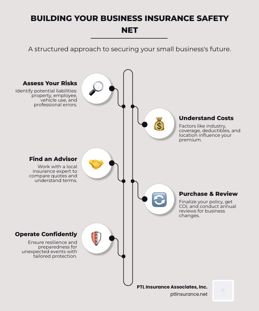 Infographic showing a step-by-step process for choosing business insurance, including assess risks, understand costs, find an advisor, and review annually - insurance for small business owners infographic infographic-line-5-steps-elegant_beige