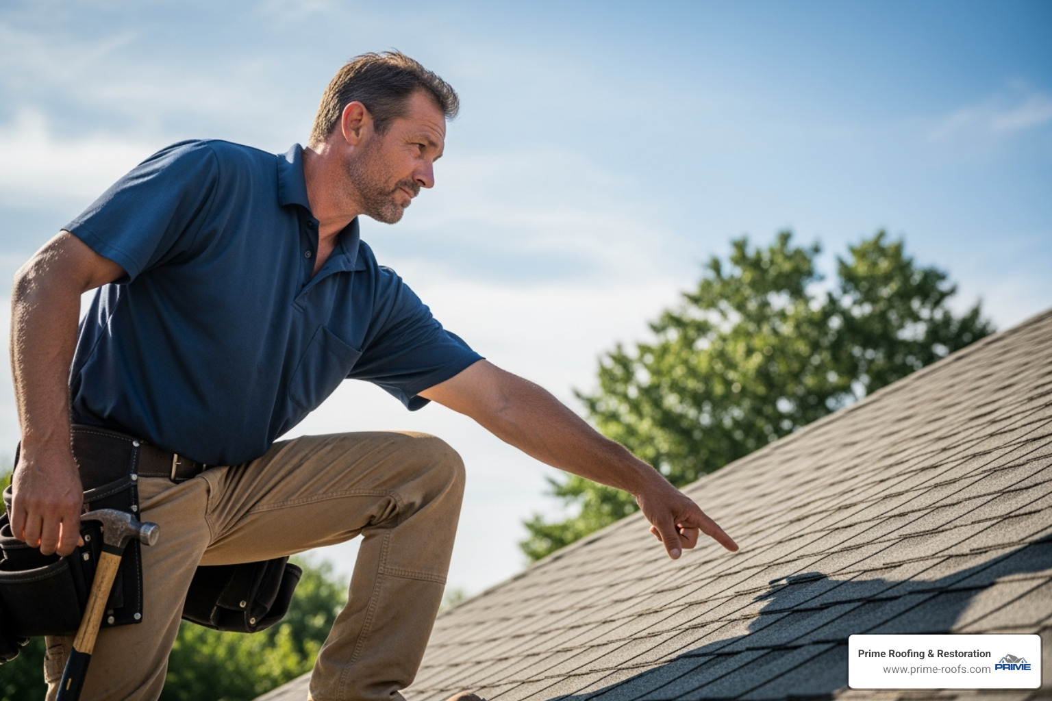 a roofer pointing to a vague spot on a roof without clear evidence of damage - free roof inspection
