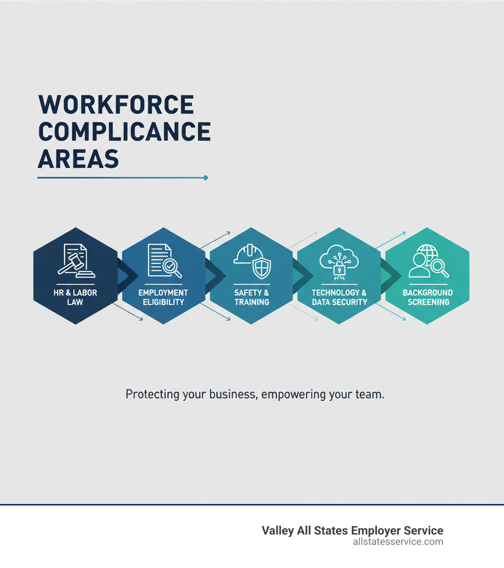 infographic showing key workforce compliance areas: HR compliance and labor law, employment eligibility and E-Verify, safety and training, technology and data security, background screening - Workforce compliance services infographic 