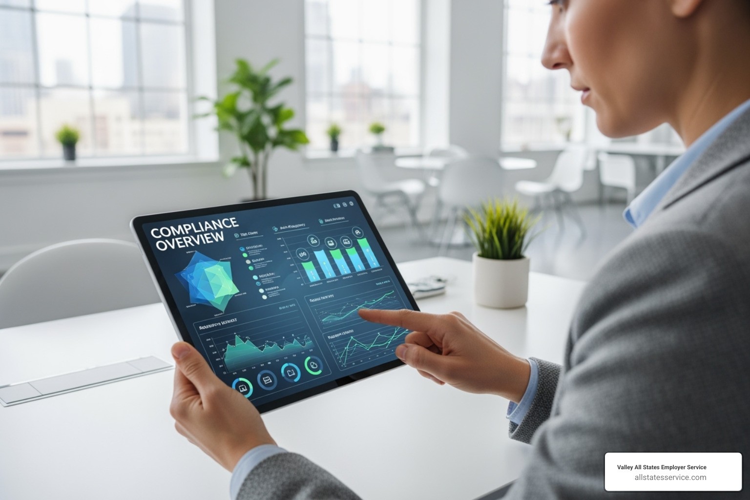 professional using a compliance dashboard on a tablet - Workforce compliance services
