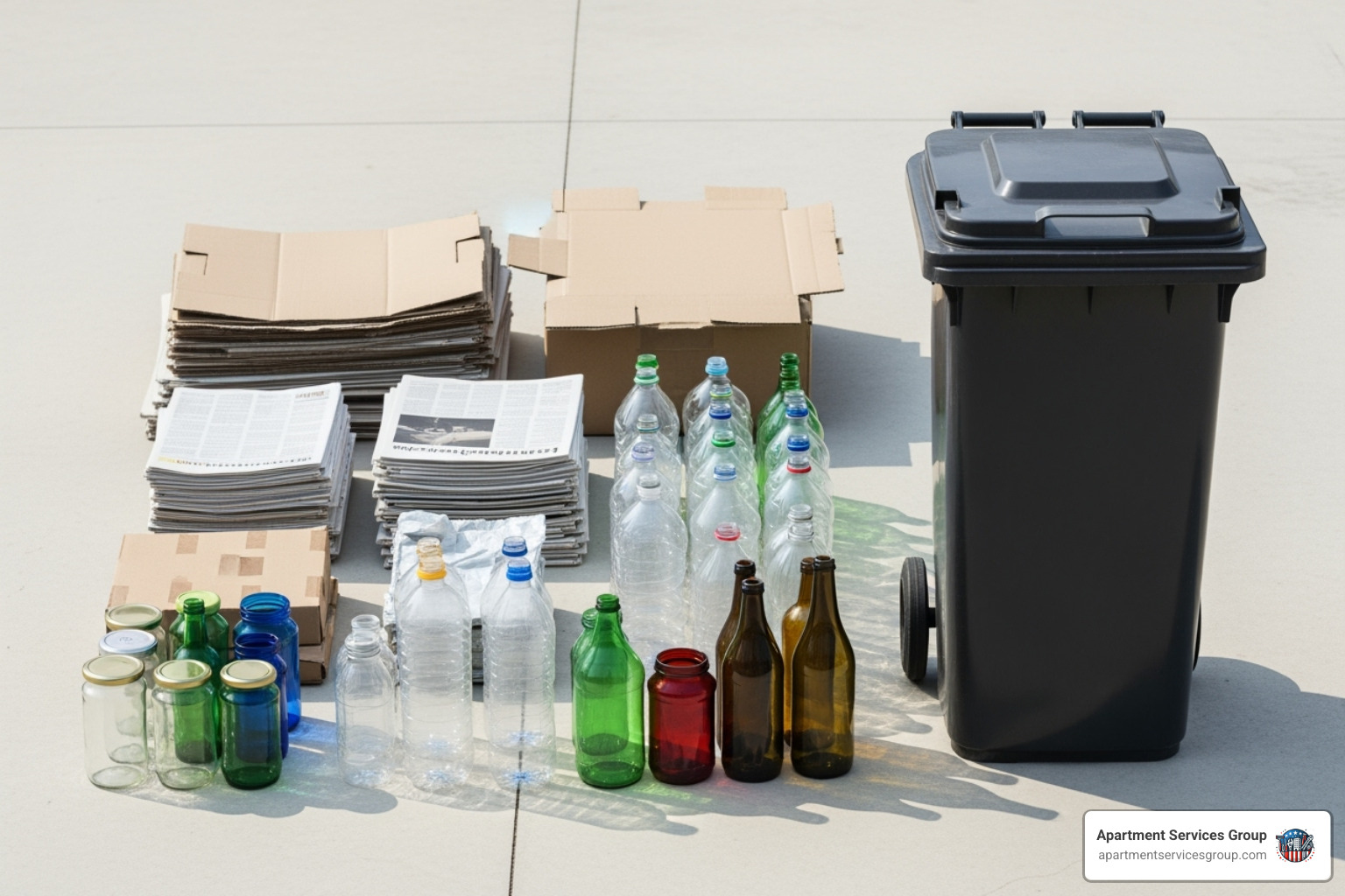 Neatly sorted recyclables next to a trash bin - apartment trash pickup