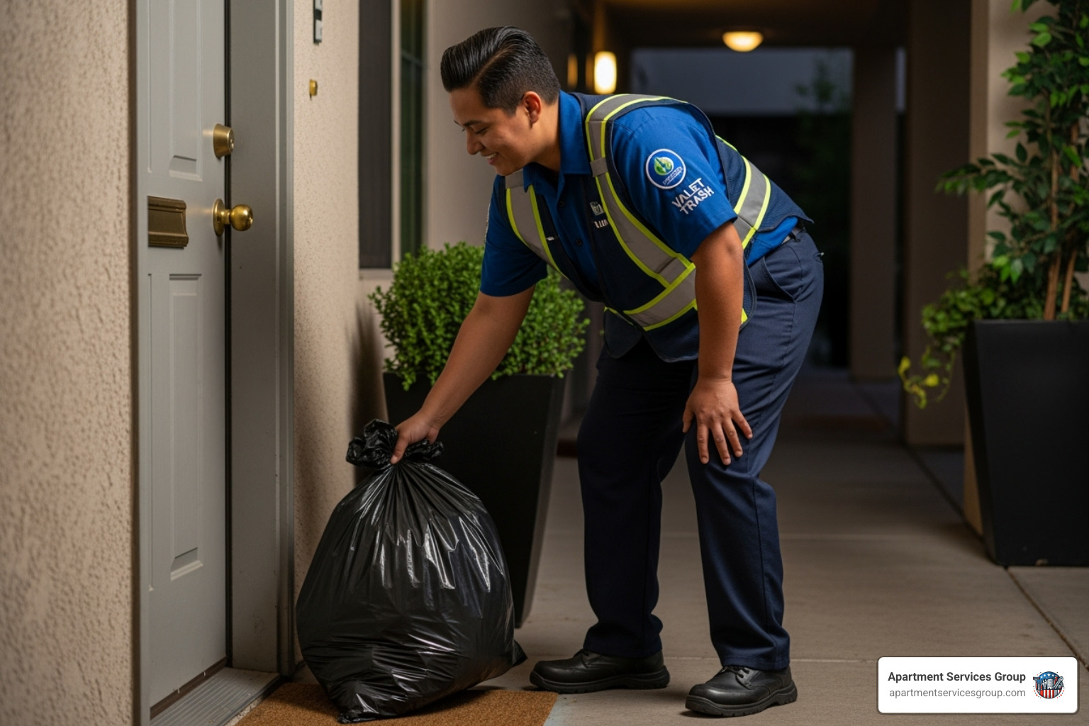 A uniformed valet trash collector smiling while picking up a trash bag - apartment trash pickup