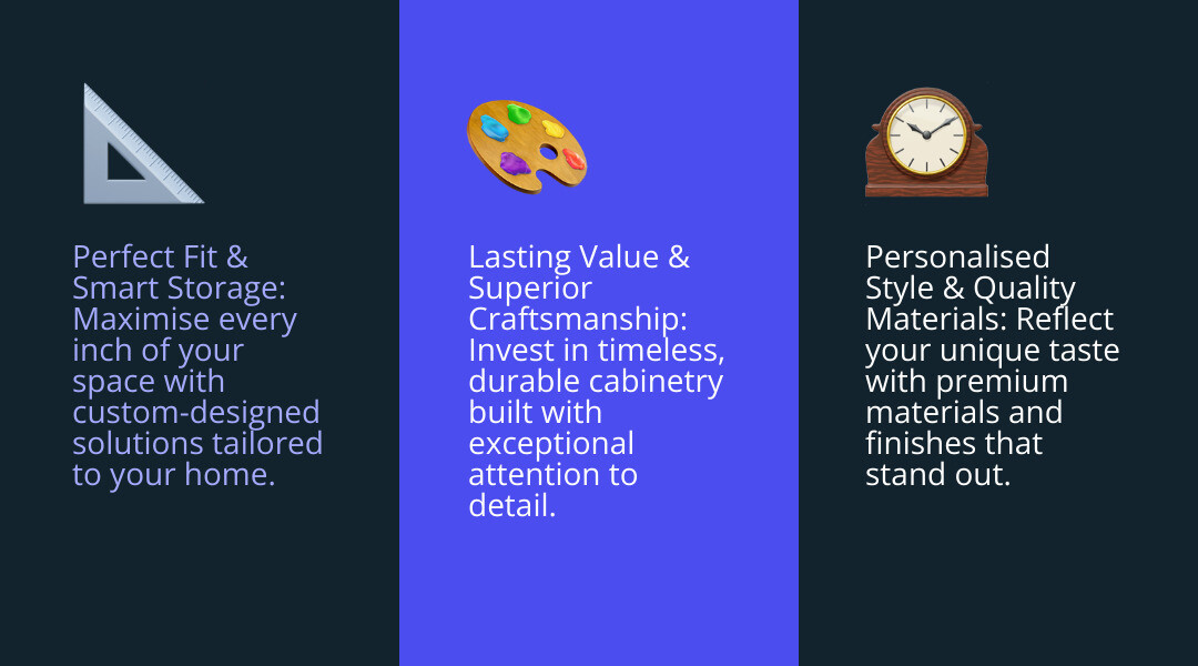 Infographic comparing custom vanities and cabinets versus mass-produced options, highlighting benefits of perfect fit, personalised style, superior materials, clever storage solutions, and lasting value with quality craftsmanship - custom vanities and cabinets infographic 