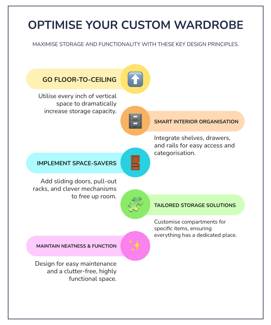 Custom wardrobe space optimisation showing floor-to-ceiling storage solutions, interior organisation systems, and space-saving design features that maximise bedroom storage capacity - custom bedroom wardrobes infographic 