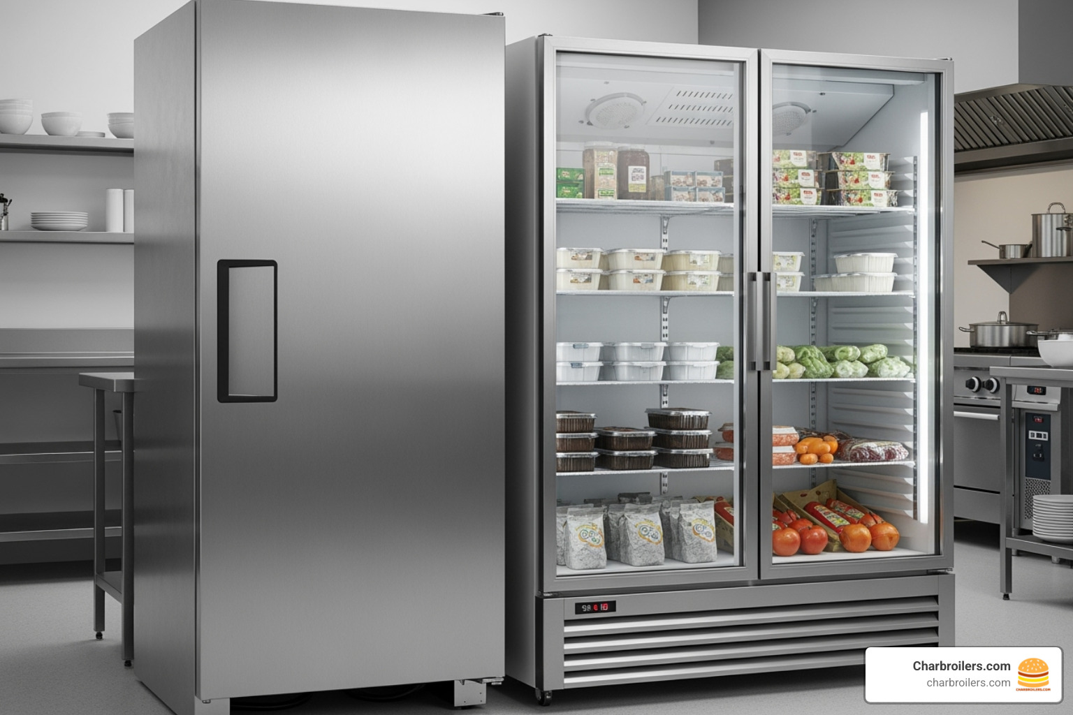 side-by-side comparison of a solid door and a glass door reach-in cooler - restaurant coolers for sale side-by-side comparison of a solid door and a glass door reach-in cooler - restaurant coolers for sale