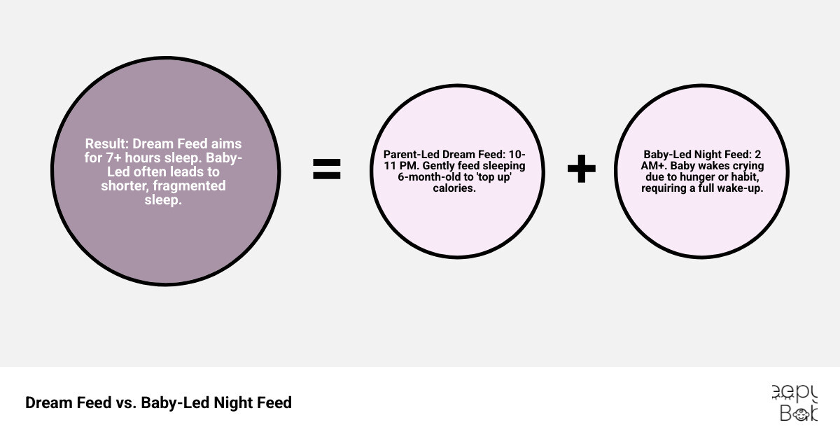 infographic showing parent-led dream feed at 10 PM with baby sleeping vs baby-led night feed at 2 AM with baby crying, illustrating timing differences, calorie consolidation benefits, and expected sleep stretch duration of 7+ hours for 6-month-olds after dream feed - 6 month old dream feed infographic sum_of_parts infographic showing parent-led dream feed at 10 PM with baby sleeping vs baby-led night feed at 2 AM with baby crying, illustrating timing differences, calorie consolidation benefits, and expected sleep stretch duration of 7+ hours for 6-month-olds after dream feed - 6 month old dream feed infographic sum_of_parts